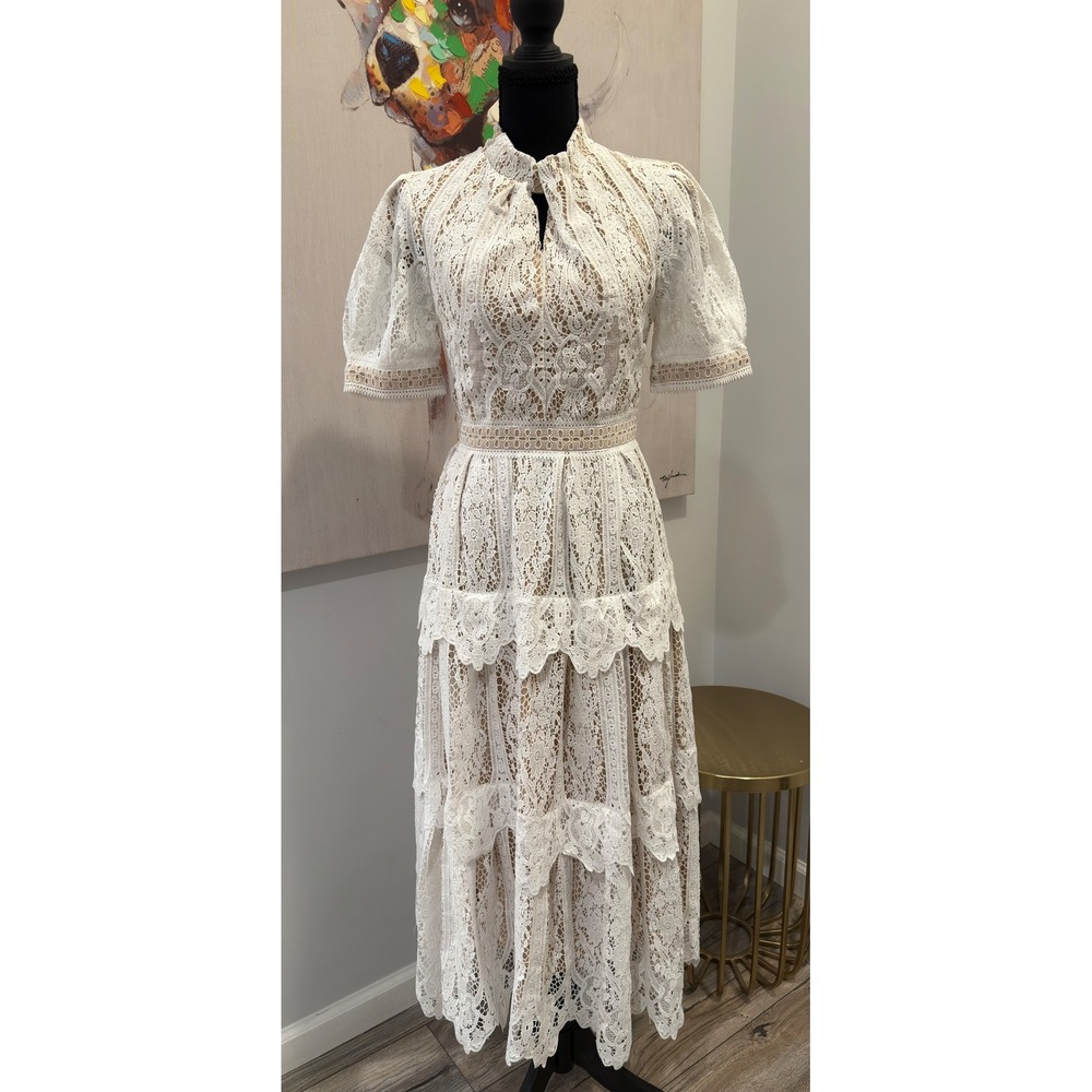 Ivy City Co Sicily Dress White Lace Tiered Midi Puff Sleeve Size 2